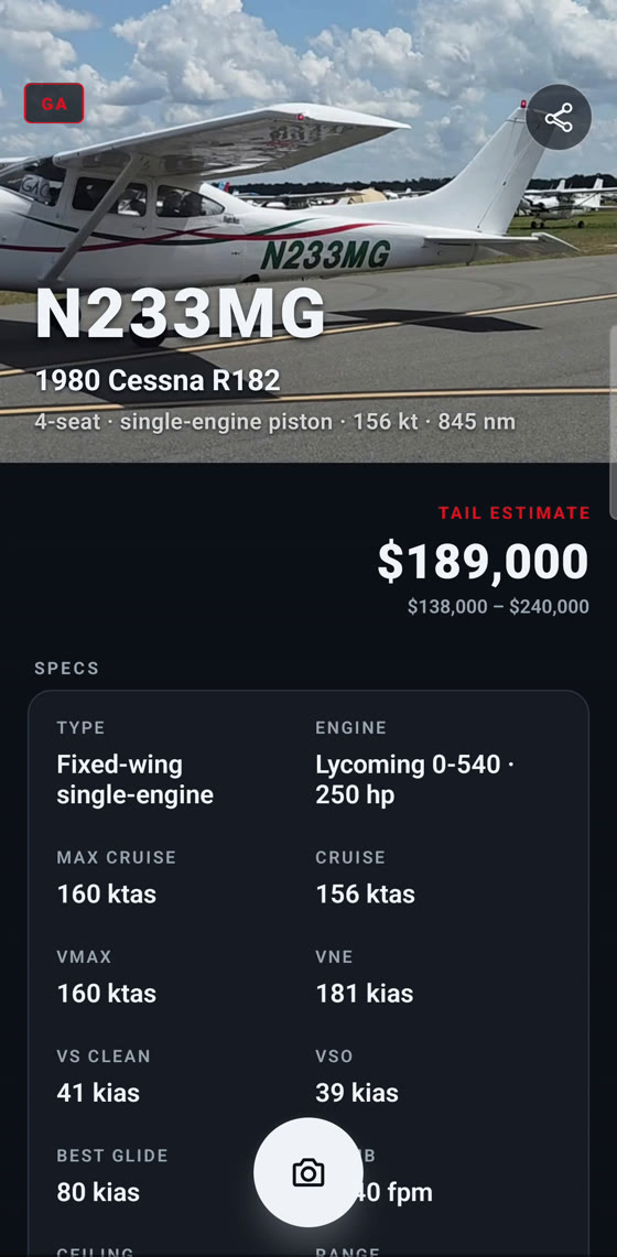Aircraft profile — N233MG, 1980 Cessna R182, value and specs